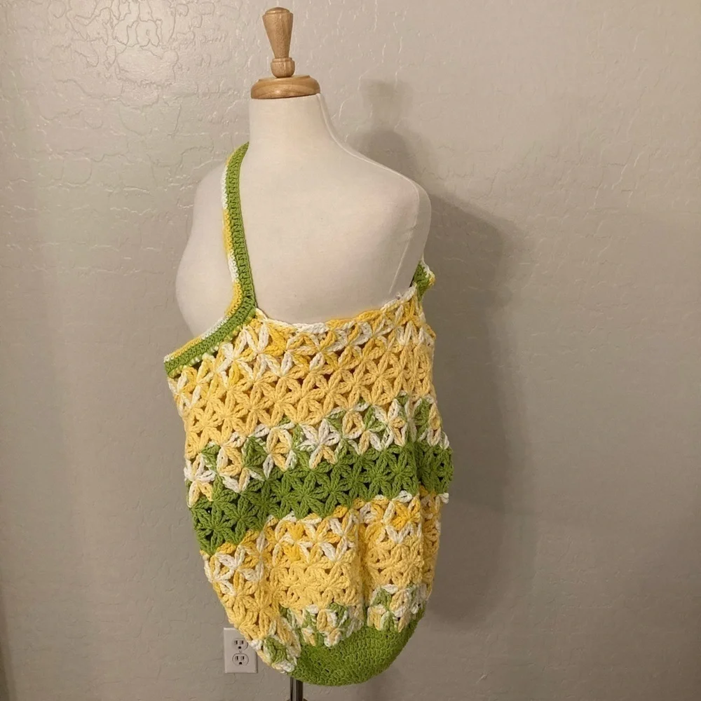 Vintage Handmade Quilt Granny Crotchet Large Crossbody Shopping Bag - Picture 3 of 13